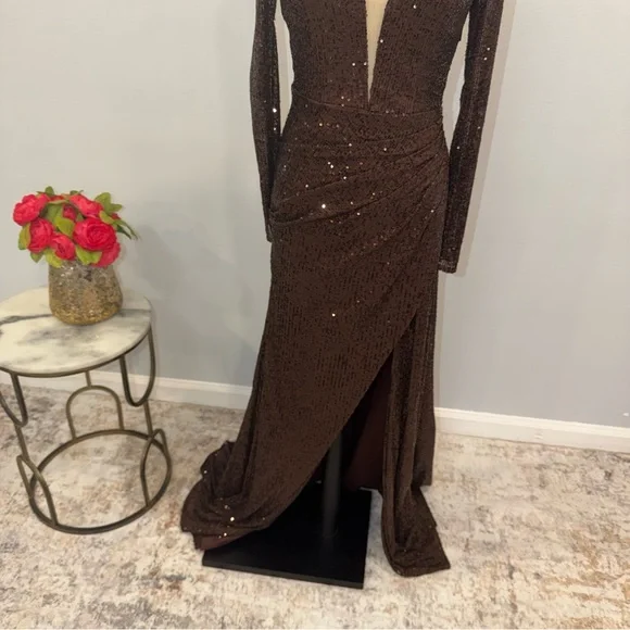 IEENA Mac Duggal Chocolate Brown Sequins Embellished Long Sleeve High Slit Gown